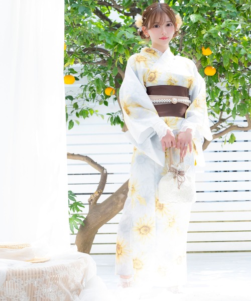 Tika 浴衣・帯セット 白地に水彩フラワー SALE] [浴衣 選べる帯] 妖艶 白地×2色水彩フラワー 3点セット