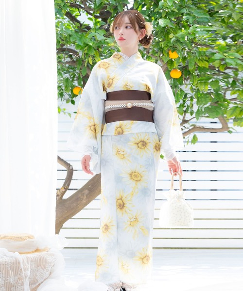 浴衣セット レディース 白地水彩向日葵 ゆかた3点セット (浴衣