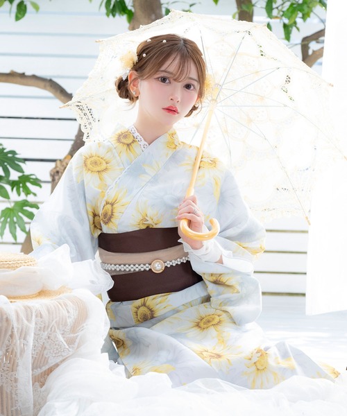 値下げ可！TIKA 浴衣　３点セット  作り帯付き　オプション有り 浴衣セット レディース 白地水彩向日葵 ゆかた3点セット (浴衣