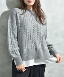 ケーブル柄裾異素材ドッキングクルーネックプルオーバー