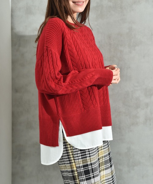 INTERPLANET（インタープラネット）の「ケーブル柄裾異素材ドッキングクルーネックプルオーバー（ニット/セーター・レディース・グレー/ブラック/レッド/ブルー・FREE）」の10枚目の写真