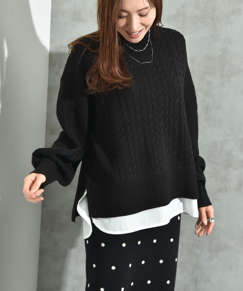 INTERPLANET（インタープラネット）の「ケーブル柄裾異素材ドッキングクルーネックプルオーバー（ニット/セーター・レディース・グレー/ブラック/レッド/ブルー・FREE）」の20枚目の写真