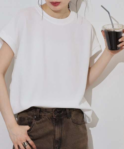 FUNALIVE(ファンアライブ)の「レディース ジャガード 無地 フレンチ Tシャツ(Tシャツ/カットソー・レディース・チャコールグレー/ホワイト/ネイビー/ブラック・フリー)」の8枚目の写真