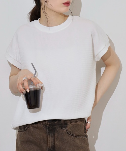 FUNALIVE(ファンアライブ)の「レディース ジャガード 無地 フレンチ Tシャツ(Tシャツ/カットソー・レディース・チャコールグレー/ホワイト/ネイビー/ブラック・フリー)」の9枚目の写真