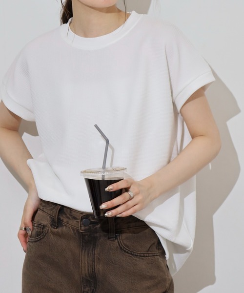 FUNALIVE(ファンアライブ)の「レディース ジャガード 無地 フレンチ Tシャツ(Tシャツ/カットソー・レディース・チャコールグレー/ホワイト/ネイビー/ブラック・フリー)」の10枚目の写真