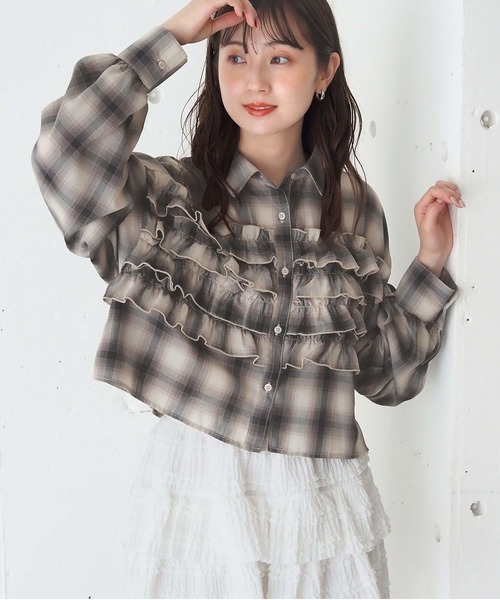 セール】チェック段々フリルシャツ（シャツ/ブラウス）｜tiptop