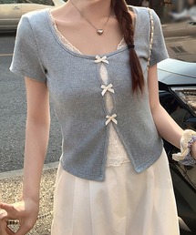 リボン付きレイヤード風カットソー