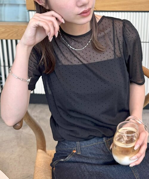 DISCOAT(ディスコート)の「【umm.】ドットチュール半袖プルオーバー(Tシャツ/カットソー・レディース・アイボリー/ブラック・FREE)」の18枚目の写真