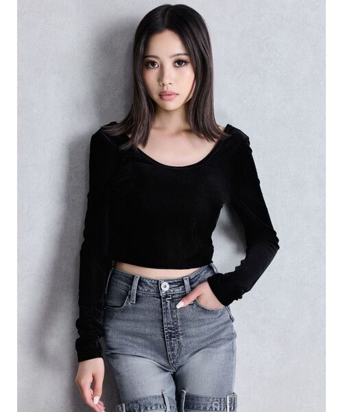 GYDA（ジェイダ）の「VELOUR RIB BACK CROSS トップス（Tシャツ/カットソー・レディース・グレー/ブラック・FREE）」の8枚目の写真