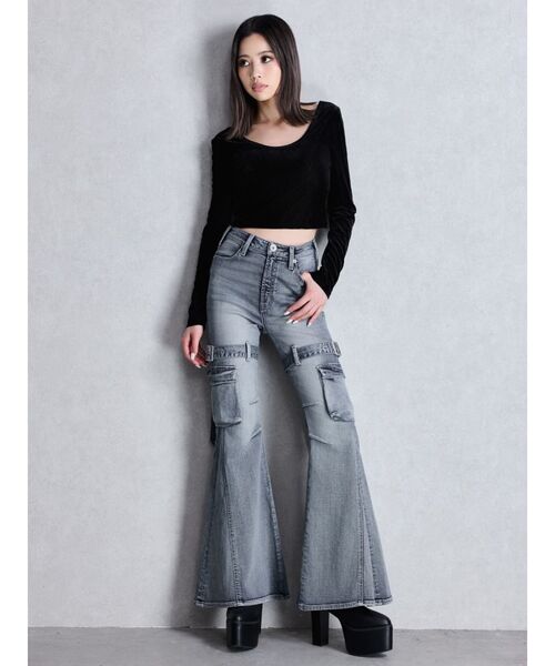 GYDA（ジェイダ）の「VELOUR RIB BACK CROSS トップス（Tシャツ/カットソー・レディース・グレー/ブラック・FREE）」の9枚目の写真
