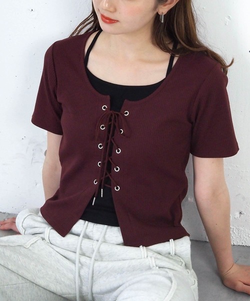 tシャツ レースアップレイヤードカットソー レディース セール】レースアップレイヤードプルオーバー（Tシャツ