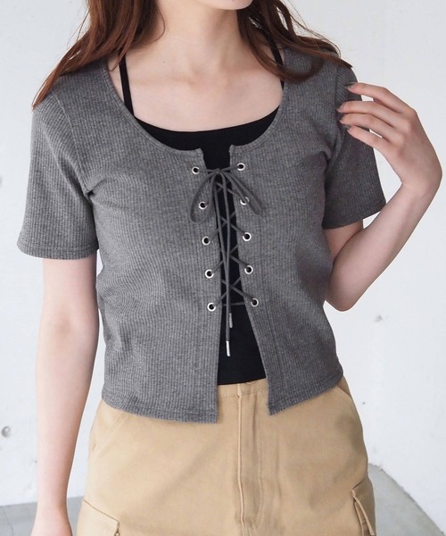 tシャツ レースアップレイヤードカットソー レディース セール】レースアップレイヤードプルオーバー（Tシャツ