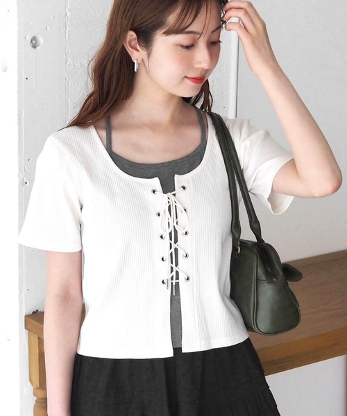 tシャツ レースアップレイヤードカットソー レディース Ada. tシャツ レイヤード風 フロント レースアップ カットソー