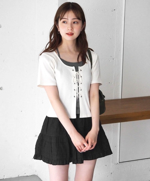 セール】レースアップレイヤードプルオーバー（Tシャツ