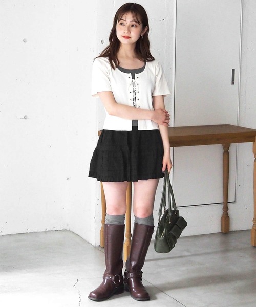 tiptop（ティップトップ）の「レースアップレイヤードプルオーバー（Tシャツ/カットソー・レディース・アイボリー/エンジ/ブラック/チャコールグレー・FREE）」の9枚目の写真