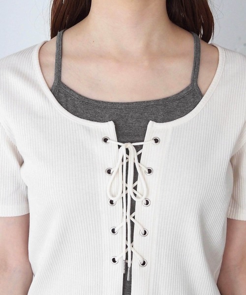 tiptop（ティップトップ）の「レースアップレイヤードプルオーバー（Tシャツ/カットソー・レディース・アイボリー/エンジ/ブラック/チャコールグレー・FREE）」の14枚目の写真