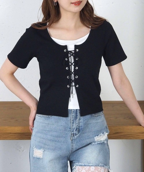 tiptop（ティップトップ）の「レースアップレイヤードプルオーバー（Tシャツ/カットソー・レディース・アイボリー/エンジ/ブラック/チャコールグレー・FREE）」の17枚目の写真