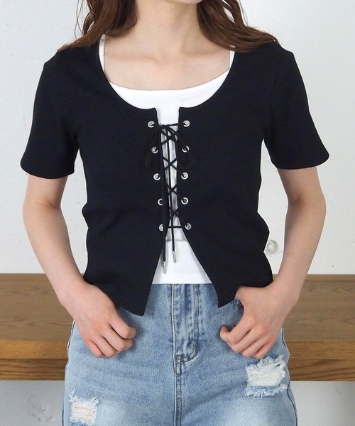tiptop（ティップトップ）の「レースアップレイヤードプルオーバー（Tシャツ/カットソー・レディース・アイボリー/エンジ/ブラック/チャコールグレー・FREE）」の18枚目の写真