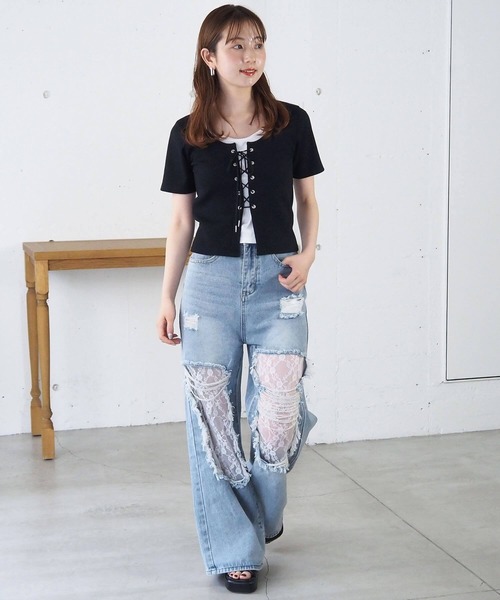 tシャツ レースアップレイヤードカットソー レディース Ada. tシャツ レイヤード風 フロント レースアップ カットソー