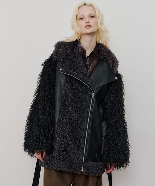 ボリュームファー×レザーBIGジャケットコート（ライダースジャケット