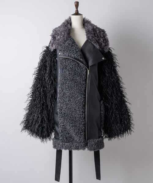 ボリュームファー×レザーBIGジャケットコート（ライダースジャケット