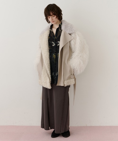 ボリュームファーライダースジャケット ボリュームファー×レザーBIGジャケットコート（ライダースジャケット