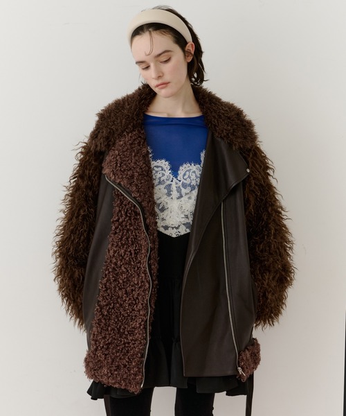 ボリュームファー×レザーBIGジャケットコート（ライダースジャケット