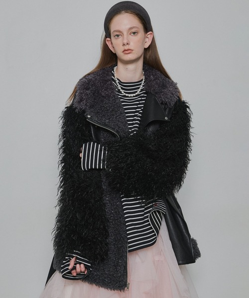 ボリュームファーライダースジャケット ボリュームファー×レザーBIGジャケットコート（ライダース