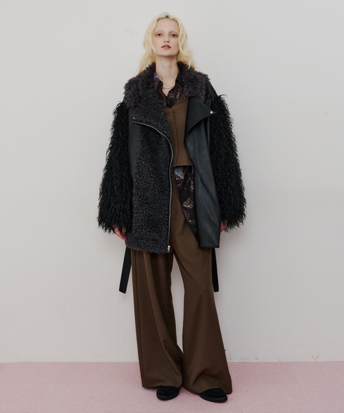 ボリュームファーライダースジャケット ボリュームファー×レザーBIGジャケットコート（ライダースジャケット