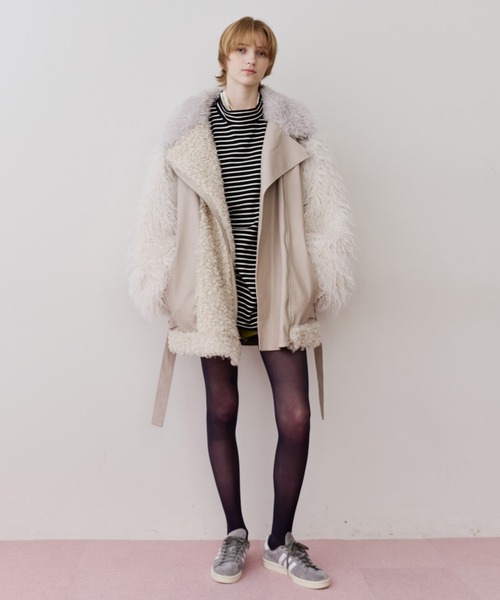 ボリュームファーライダースジャケット ボリュームファー×レザーBIGジャケットコート（ライダースジャケット