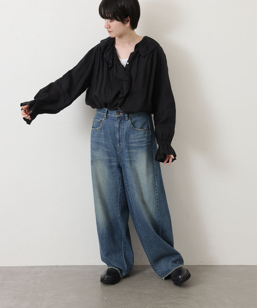 journal standard luxeフレンチリネン フリルパフブラウス 紺 追加》フレンチリネン フリルパフブラウス（シャツ/ブラウス