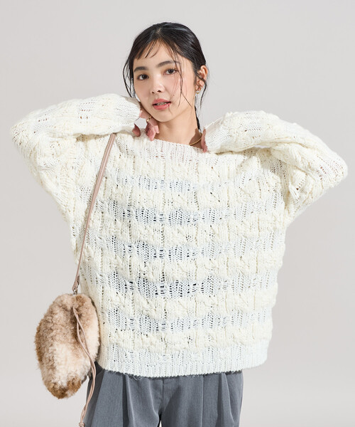 FREAK'S STORE（フリークスストア）の「スラブ風 ケーブルニットプルオーバー（ニット/セーター・レディース・オフホワイト/サックスブルー・ﾌﾘ-）」の2枚目の写真