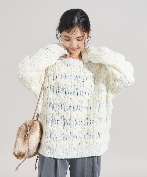 FREAK'S STORE（フリークスストア）の「スラブ風 ケーブルニットプルオーバー（ニット/セーター・レディース・オフホワイト/サックスブルー・ﾌﾘ-）」の8枚目の写真