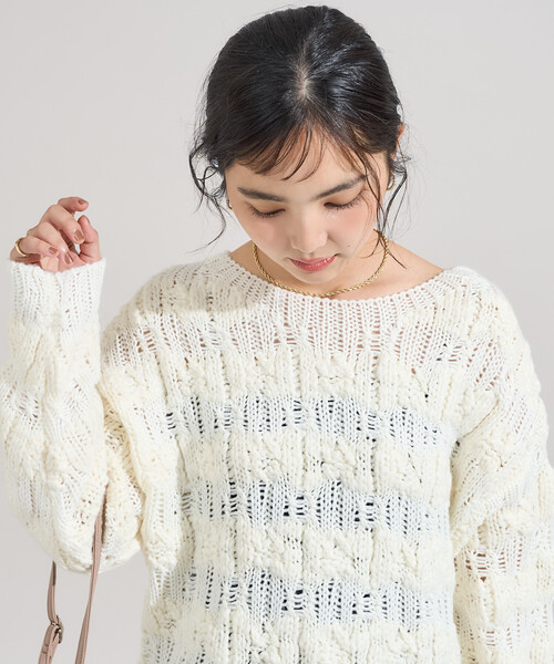 FREAK'S STORE（フリークスストア）の「スラブ風 ケーブルニットプルオーバー（ニット/セーター・レディース・オフホワイト/サックスブルー・ﾌﾘ-）」の10枚目の写真