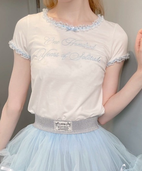 lilLilly（リルリリー）の「レースリンガーTシャツ（Tシャツ/カットソー・レディース・ホワイト/ブラック/グレー・FREE）」の2枚目の写真