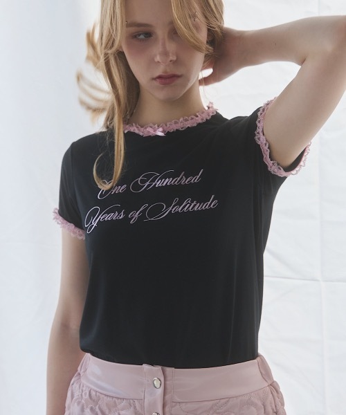 lilLilly（リルリリー）の「レースリンガーTシャツ（Tシャツ/カットソー・レディース・ホワイト/ブラック/グレー・FREE）」の5枚目の写真