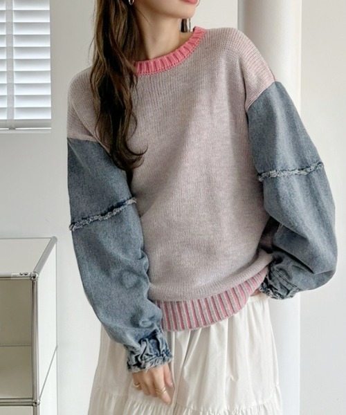 A.D.C.L.（エーディーシーエル）の「4色リブ配色袖デニム異素材MIXニットプルオーバー（ニット/セーター・レディース・グリーン/ピンク/パープル/イエロー・L/M）」の4枚目の写真