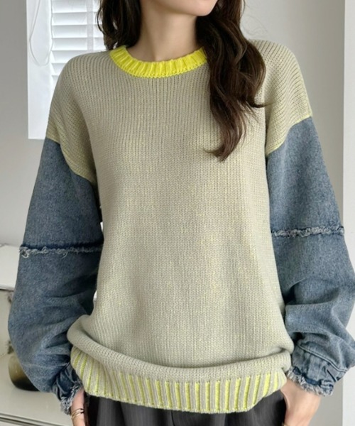 A.D.C.L.（エーディーシーエル）の「4色リブ配色袖デニム異素材MIXニットプルオーバー（ニット/セーター・レディース・グリーン/ピンク/パープル/イエロー・L/M）」の3枚目の写真