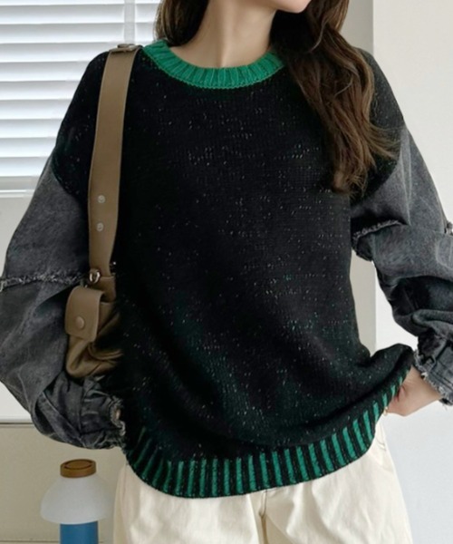 A.D.C.L.（エーディーシーエル）の「4色リブ配色袖デニム異素材MIXニットプルオーバー（ニット/セーター・レディース・グリーン/ピンク/パープル/イエロー・L/M）」の2枚目の写真