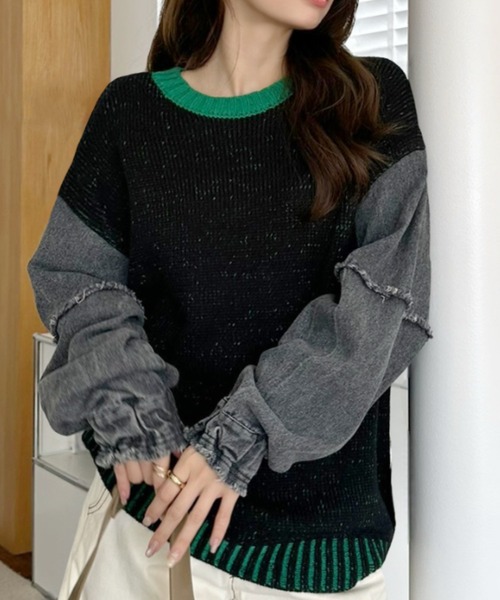 A.D.C.L.（エーディーシーエル）の「4色リブ配色袖デニム異素材MIXニットプルオーバー（ニット/セーター・レディース・グリーン/ピンク/パープル/イエロー・L/M）」の13枚目の写真