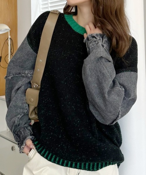 A.D.C.L.（エーディーシーエル）の「4色リブ配色袖デニム異素材MIXニットプルオーバー（ニット/セーター・レディース・グリーン/ピンク/パープル/イエロー・L/M）」の14枚目の写真