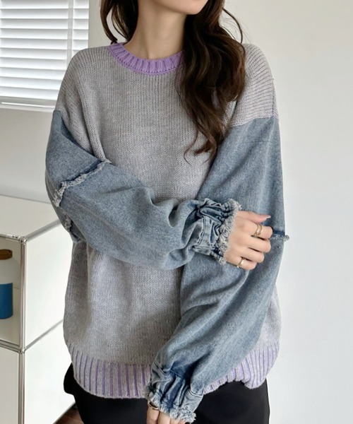 A.D.C.L.（エーディーシーエル）の「4色リブ配色袖デニム異素材MIXニットプルオーバー（ニット/セーター・レディース・グリーン/ピンク/パープル/イエロー・L/M）」の16枚目の写真