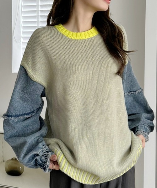 A.D.C.L.（エーディーシーエル）の「4色リブ配色袖デニム異素材MIXニットプルオーバー（ニット/セーター・レディース・グリーン/ピンク/パープル/イエロー・L/M）」の19枚目の写真