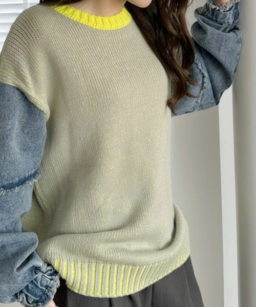 A.D.C.L.（エーディーシーエル）の「4色リブ配色袖デニム異素材MIXニットプルオーバー（ニット/セーター・レディース・グリーン/ピンク/パープル/イエロー・L/M）」の20枚目の写真