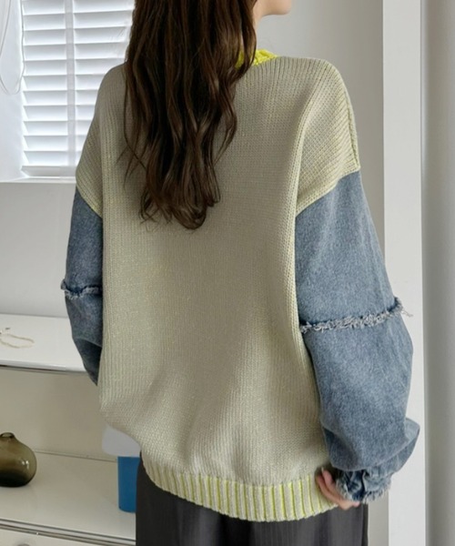 A.D.C.L.（エーディーシーエル）の「4色リブ配色袖デニム異素材MIXニットプルオーバー（ニット/セーター・レディース・グリーン/ピンク/パープル/イエロー・L/M）」の21枚目の写真