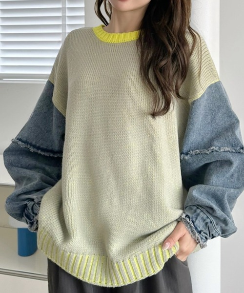 A.D.C.L.（エーディーシーエル）の「4色リブ配色袖デニム異素材MIXニットプルオーバー（ニット/セーター・レディース・グリーン/ピンク/パープル/イエロー・L/M）」の22枚目の写真