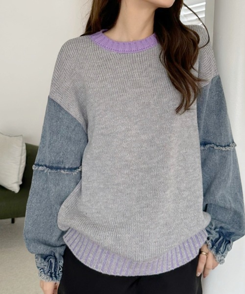 A.D.C.L.（エーディーシーエル）の「4色リブ配色袖デニム異素材MIXニットプルオーバー（ニット/セーター・レディース・グリーン/ピンク/パープル/イエロー・L/M）」の5枚目の写真