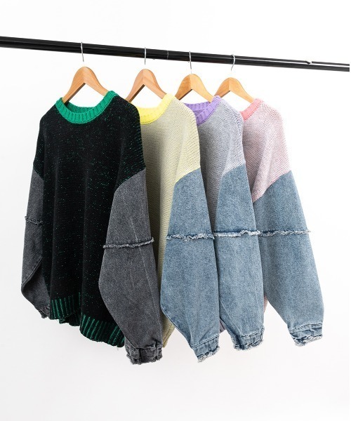 A.D.C.L.（エーディーシーエル）の「4色リブ配色袖デニム異素材MIXニットプルオーバー（ニット/セーター・レディース・グリーン/ピンク/パープル/イエロー・L/M）」の12枚目の写真