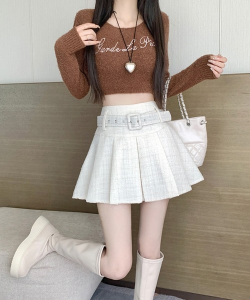 セール】【ベルト付き】 プリーツツイードミニスカート ハイウエスト
