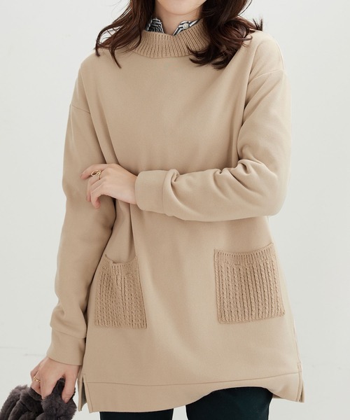 BELLUNA PLUS(ベルーナ)の「裏起毛素材ニット切替チュニック(チュニック・レディース・ベージュ/ネイビー/オレンジ・X-LARGE/MEDIUM/LARGE)」の1枚目の写真